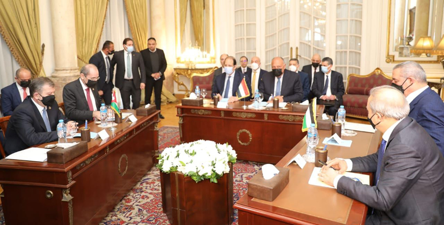 Deputy Prime Minister and Foreign Minister Ayman Safadi and General Intelligence Department Chief Maj. Gen. Ahmad Husni attend a tripartite meeting with Egypt and Palestine in Cairo on Monday (Photo courtesy of Foreign Ministry)