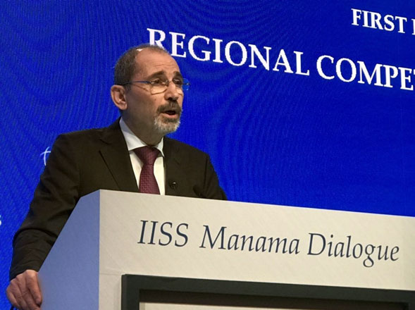   Foreign Minister Ayman Safadi speaks during the inaugural session of the International Institute for Strategic Studies Manama Dialogue 2019 on Saturday (Petra photo)