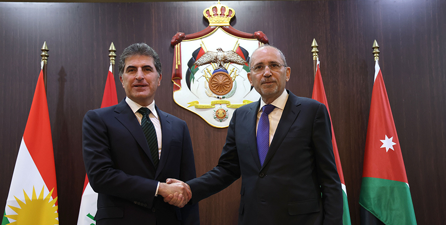 Deputy Prime Minister and Foreign Minister Ayman Safadi on Sunday receives President of the Kurdistan Region of Iraq Nechirvan Barzani, who arrived in the Kingdom for an official visit (Petra photo)