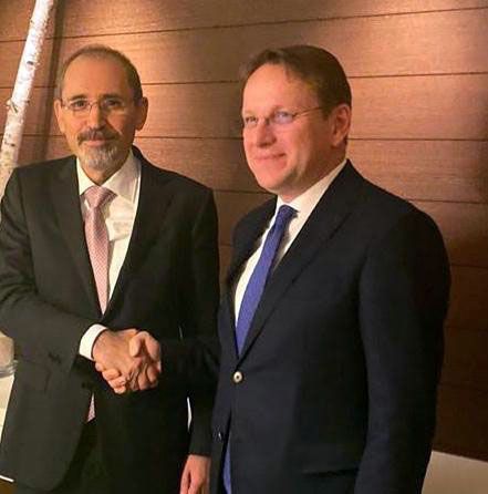 Foreign Minister Ayman Safadi meets with new European Commissioner for Neighbourhood Policy and Enlargement Oliver Varhelyi on the sidelines of the Geneva-hosted Global Refugee Forum on Monday (Petra photo)