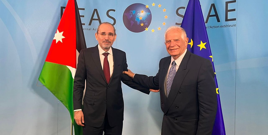 Deputy Prime Minister and Foreign Minister Ayman Safadi with the High Representative of the European Union for Foreign Affairs and Security Policy and European Commission Vice President Josep Borrell in Brussels on Tuesday (Photo courtesy of Foreign Ministry)