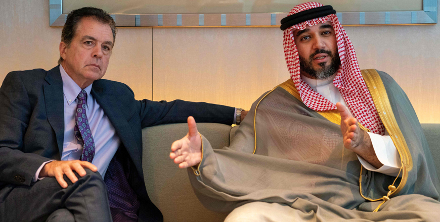 Saudi Prince Faisal Bin Bandar Bin Sultan Al Saud, chairman of the Saudi Esports Federation, speaks alongside Savvy Games Group CEO Brian Ward during an AFP interview in Tokyo on Friday (AFP Photo /Kazuhiro NOGI)