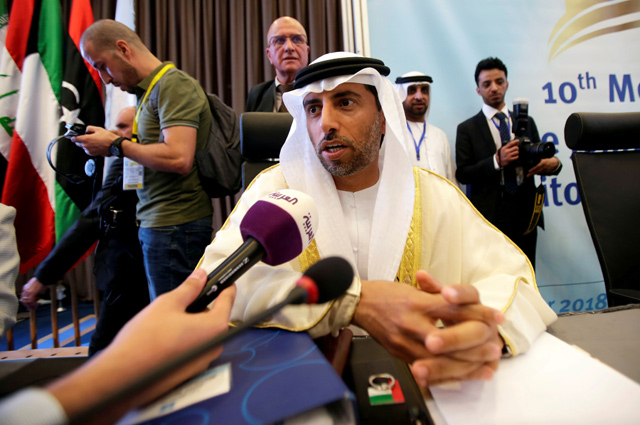 UAE Energy Minister Suhail Bin Mohammed Al Mazroui talks to the media at the OPEC Ministerial Monitoring Committee in Algiers, Algeria, on September 23, 2018 (Reuters file photo)
