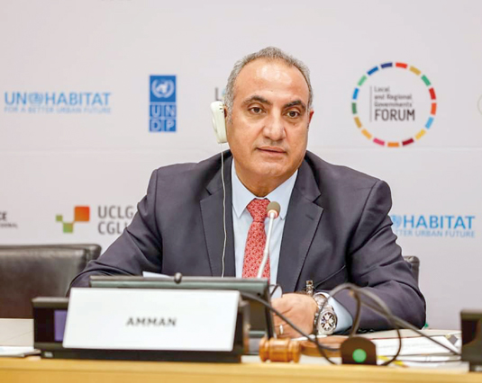 Amman Mayor Yousef Shawarbeh during the fifth edition of the Local and Regional Governments Forum-Fostering the Achievement of the Sustainable Development Goals from the Local Level towards the 2023 SDG Summit in New York on Wednesday (Photo courtesy of GAM Facebook page)