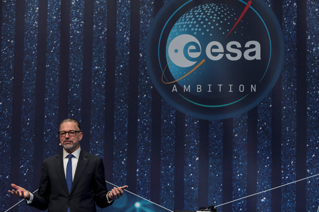 ESA President Josef Aschbacher speaks during a ceremony to unveil the European Space Agency five new class of career astronauts in Paris on Wednesday (AFP photo)