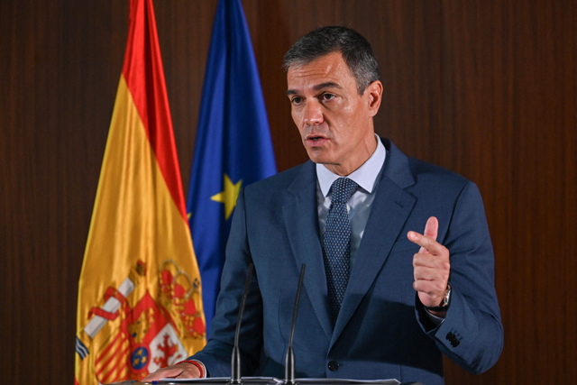 Spain's Prime Minister Pedro Sanchez speaks during a press conference at the Mondragon Industrial Park in Kunshan, located in China's south-eastern Jiangsu province, near Shanghai, on Wednesday (AFP photo)