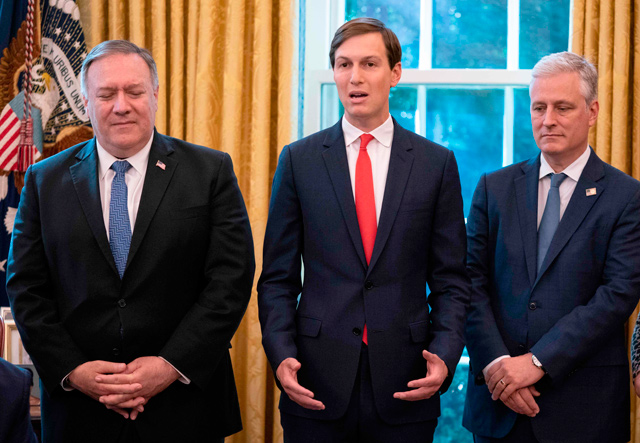 Senior Adviser to the President Jared Kushner (centre), with Secretary of State Mike Pompeo (left) and National Security Adviser Robert O'Brien, speaks at the White House in Washington, DC, on Friday (AFP photo)