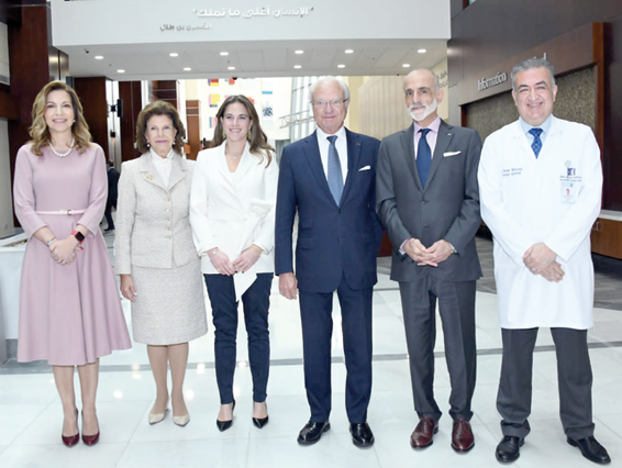 King Carl XVI Gustaf and Queen Silvia of Sweden with HRH Prince Talal Bin Muhammad and HRH Princess Ghida Talal during their visit to the King Hussein Cancer Centre on Wednesday (Petra photo)