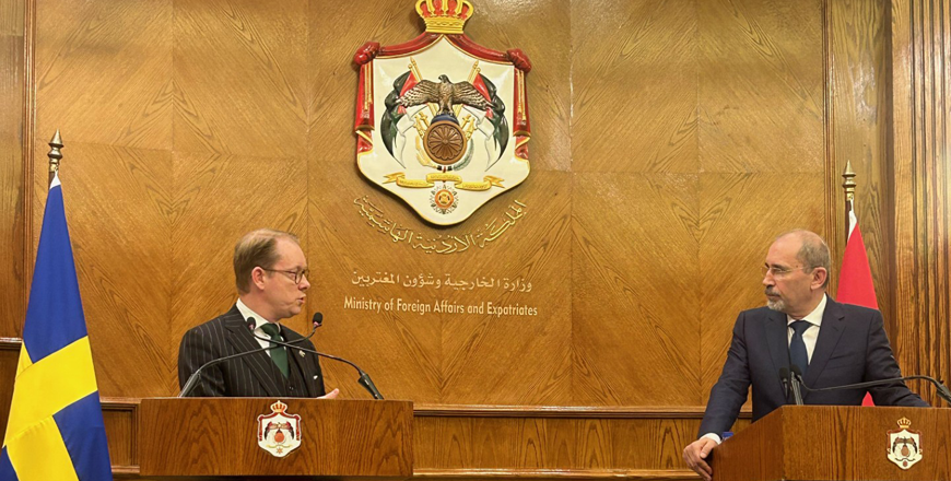 Deputy Prime Minister and Foreign Minister Ayman Safadi and Swedish counterpart Tobias Billström sign a memorandum of understanding (MoU) on political consultations to bolster bilateral relations  (Photo by Maria Weldali)