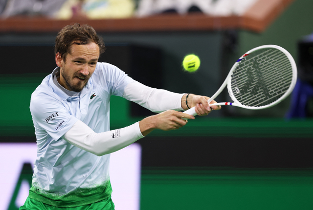 Daniil Medvedev plays a backhand against Tommy Paul of the United States in their fourth round match during the BNP Paribas Open at Indian Wells Tennis Garden on Tuesday in Indian Wells, California (AFP photo)