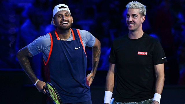 Nick Kyrgios and Thanasi Kokkinakis have enjoyed engaging with the fans in Turin in November 2022 (AFP photo)