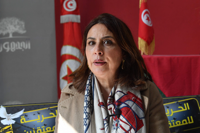 Dalila Ben Mbarek, lawyer and member of the defence committee of detainees accused of involvement in a conspiracy case against state security, addresses a press conference in Tunis, on Thursday (AFP photo)