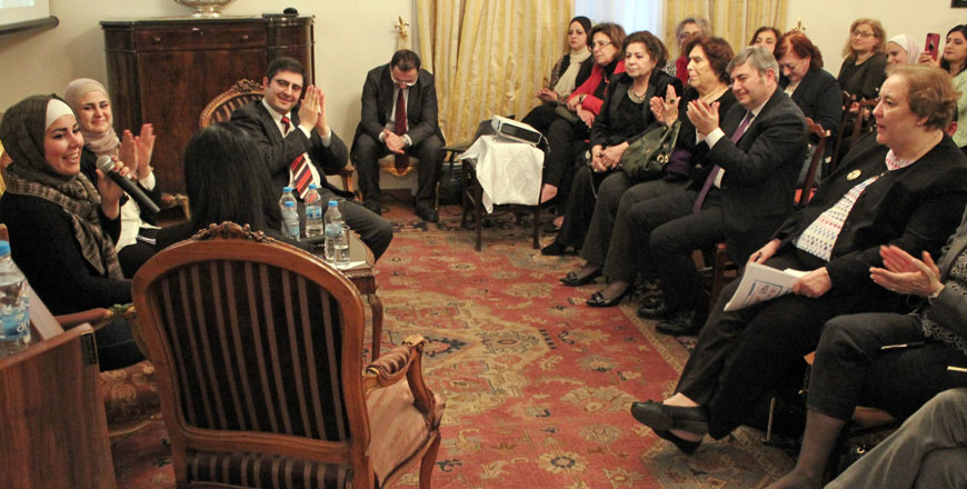 Syrian refugee Zad Al Khair Zoubi speaks during a seminar on the occasion of the International Women's Day organised last Thursday by the Turkish embassy in Amman, in cooperation with the Arab Renaissance for Democracy and Development (Photo courtesy of ARDD)