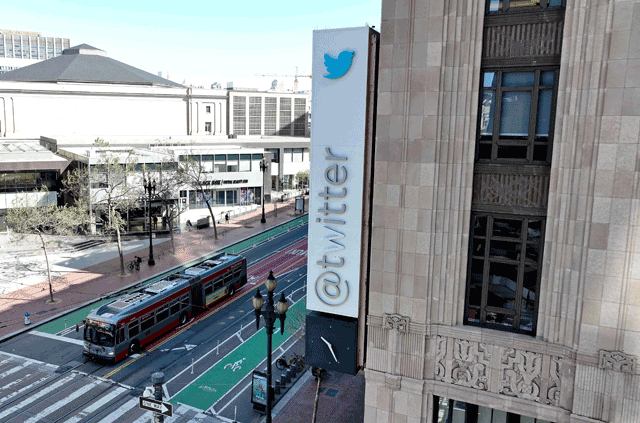In an aerial view, a modified company sign is posted on the exterior of the Twitter headquarters on Monday in San Francisco, California (AFP photo)