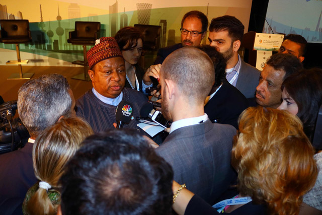 OPEC Secretary General Mohammed Barkindo of Nigeria speaks with journalists during the 3rd GCC Petroleum Media Forum in Abu Dhabi on Wednesday (AFP photo)