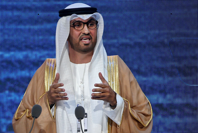 In this file photo taken on November 11, 2019, the United Arab Emirates' minister of state and CEO of the Abu Dhabi National Oil Company (ADNOC), Sultan Ahmed Al-Jaber, addresses the opening ceremony of the Abu Dhabi International Petroleum Exhibition and Conference (ADIPEC) in the Emirati capital (AFP photo)