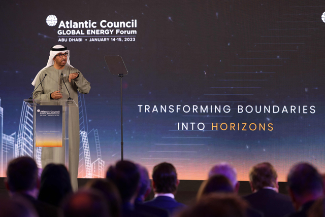 United Arab Emirates' Minister of State and CEO of the Abu Dhabi National Oil Company (ADNOC) Sultan Ahmed Al Jaber, addresses the public at the opening session of the Atlantic Council Global Energy Forum, in the capital Abu Dhabi, on Saturday (AFP photo)