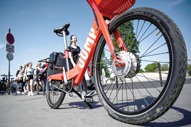 This photo taken on Friday in Paris shows an electric bicycle of the share service known as ‘JUMP’ operated by Uber (AFP photo)