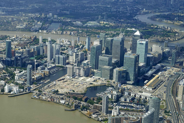 An aerial view of London's Canary Wharf financial district and the River Thames, taken from a light aircraft flying over London, on Tuesday (AFP photo)