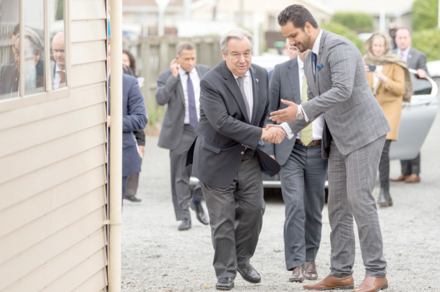 Linwood Islamic Centre trustee Faisal Sayed (right) receives United Nations Secretary General Antonio Guterres during the latter's visit to the Linwood Islamic Centre in Christchurch on Tuesday (AFP photo)