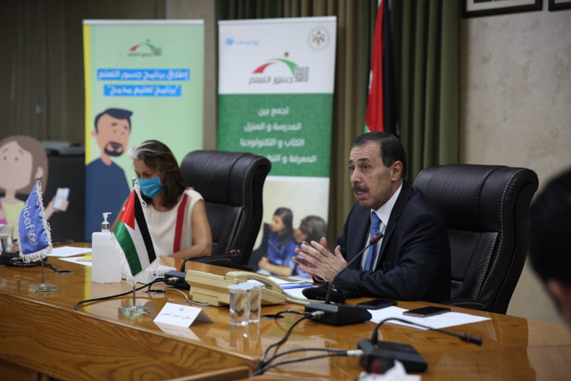 Minister of Education Tayseer Nueimi, along with UNICEF Jordan Representative Tanya Chapuisat, speaks during the launch of Learning Bridges programme on Sunday  (Photo courtesy of UNICEF)