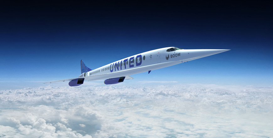 This undated artist rendering released by Boom Supersonic shows the company's supersonic airplane with the United Airlines logo  (AFP photo)