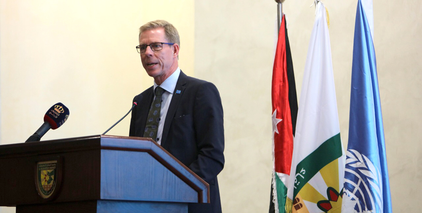 UN Resident and Humanitarian Coordinator Anders Pedersen speaks during an event to mark UN Day, hosted by Al Balqa Applied University, on Sunday (Photo courtesy of UN)