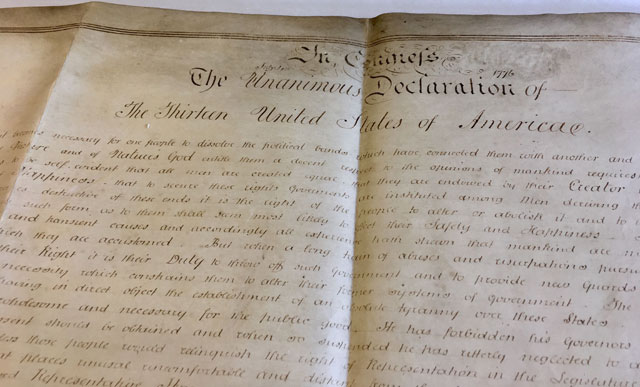 This handout photo released by West Sussex County Council on Wednesday shows a ceremonial parchment manuscript copy of the American Declaration of Independence, dubbed the Sussex Declaration (AFP photo)