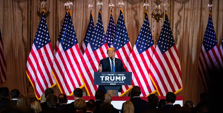 Former US president and 2024 presidential hopeful Donald Trump speaks during a Super Tuesday election night watch party at Mar-a-Lago Club in Palm Beach, Florida, on Wednesday (AFP photo)