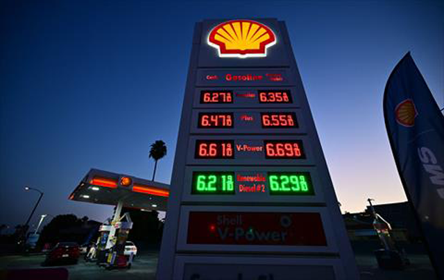 Gas prices are displayed at a Shell petrol station on October 2, 2023, in Alhambra, California (AFP photo)
