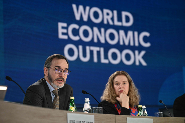 International Monetary Fund (IMF) Chief Economist Pierre-Olivier Gourinchas speaks during the International Monetary Fund (IMF) -World Bank annual Fall meetings in Washington, DC, on Tuesday (AFP photo)