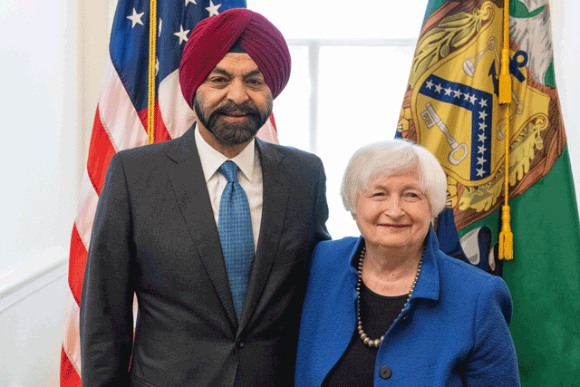 US Treasury Secretary Janet Yellen meets with World Bank President Ajay Banga at the US Treasury in Washington, DC, Thursday (AFP photo)