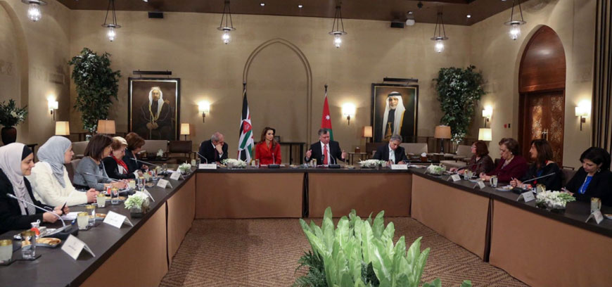 His Majesty King Abdullah, accompanied by Her Majesty Queen Rania, meets with Jordanian women leaders in March, 2015 (Photo courtesy of Royal Court)