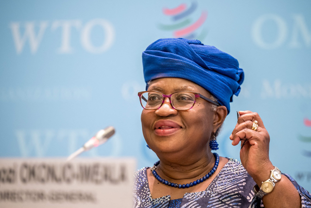 World Trade Organization (WTO) Director-General Ngozi Okonjo-Iweala smiles during a press conference after she was reappointed for a second term, in Geneva, on Friday  (AFP photo)