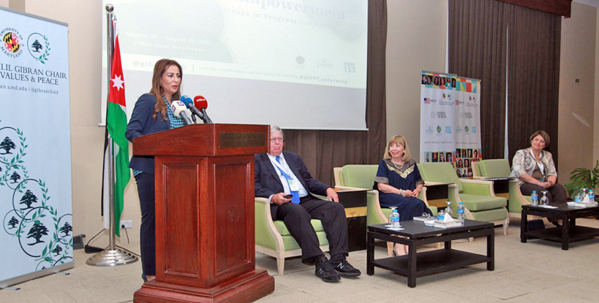   Minister of State for Media Affairs and Government Spokesperson Jumana Ghunaimat speaks during the first day of a three-day conference titled ‘Innovative Approaches to Women's Empowerment’ at the Dead Sea on Monday   (Petra photo)