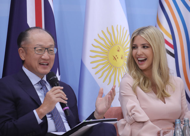 The daughter of the US president Ivanka Trump (right) and the World Bank Group President Jim Yong-kim attend a panel discussion titled ‘Launch Event Women's Entrepreneur Finance Initiative’ during the G-20 summit in Hamburg, northern Germany, on Saturday (AFP photo)