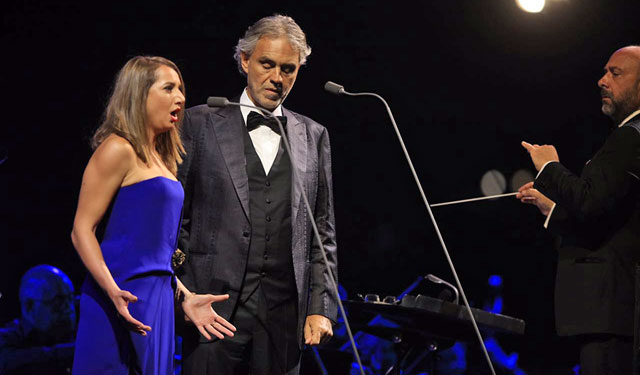 World-famous Italian tenor Andrea Bocelli and Jordanian soprano Dima Bawab perform in Jersah on Monday (Petra photo)