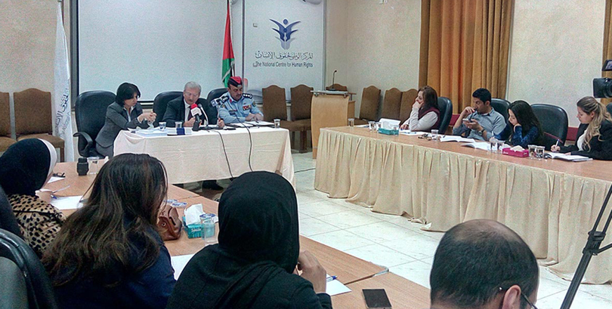 Acting human rights commissioner at the National Centre for Human Rights (NCHR), Nisreen Zreiqat, NCHR Chief Commissioner Mousa Breizat and head of the Public Security Department's transparency and human rights unit, Col. Hussam Majali announce the publication of a report into conditions in detention centres on Monday in Amman (Petra photo)