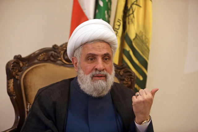 Lebanon’s Hizbollah Deputy Leader Sheikh Naim Qassem gestures as he speaks during an interview with Reuters in Beirut, Lebanon, on Thursday (Reuters photo)