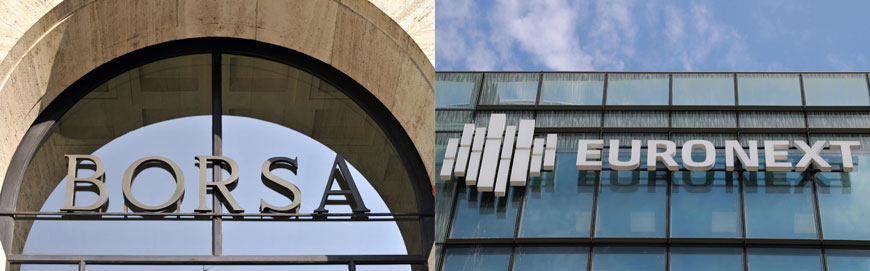 The Borsa (stock exchange) logo at the entrance of the stock exchange building in Milan on October 9, 2008 and the Euronext logo (right) at the headquaters in the La Defense District, on the outskirts of Paris, on April 27 (AFP photo)