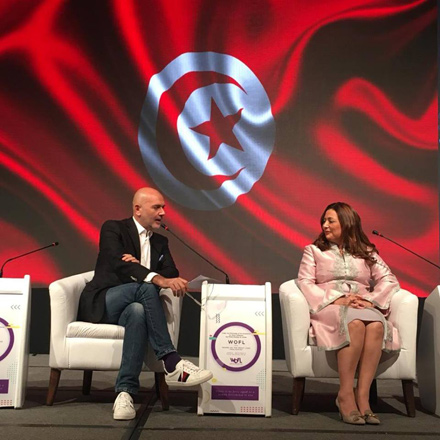 In this photo taken on Thursday, Nobel Peace Prize laureate Ouided Bouchamaoui (right) speaks at a conference in Amman on tackling gender equality issues  (Photo courtesy of May Chidiac Foundation Facebook page)