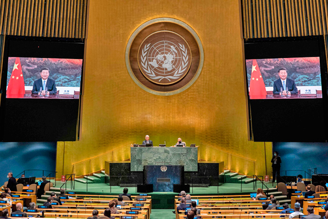 President of the People's Republic of China Xi Jinping (on screen) as he addresses the general debate of the seventy-fifth session of the United Nations General Assembly, on Tuesday, at the UN in New York (AFP photo)