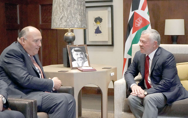 His Majesty King Abdullah receives Egyptian Foreign Minister Sameh Shoukry, who delivered a letter from Egypt President Abdel Fattah El Sisi, on Sunday (Photo courtesy of Royal Court)