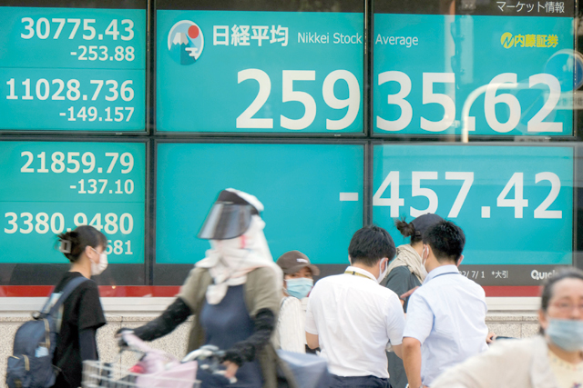 This illustrative photo shows pedestrians walking in front of an electronic share price board showing the numbers on the Tokyo Stock Exchange in Tokyo on Friday (AFP photo)