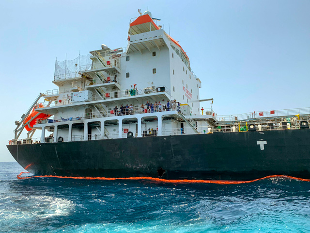 This photo taken during a guided tour by the US Navy shows the damage of Japanese oil tanker Kokuka Courageous off the port of the Gulf emirate of Fujairah on Tuesday  (AFP photo)