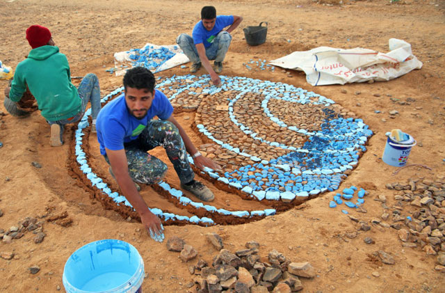 In this undated photo, an ‘Azraq mosaic’, created by London-based Artmongers and refugees can be seen (Photo courtesy of Artmongers)