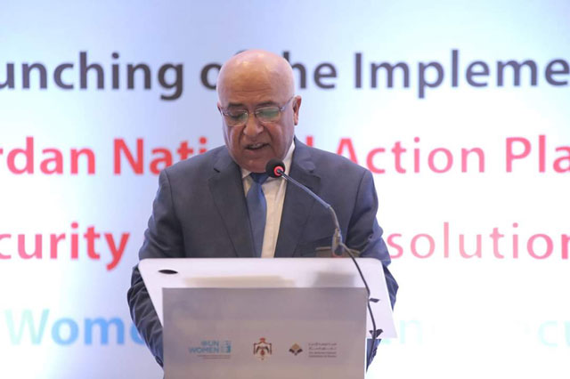 Minister of Political and Parliamentary Affairs Musa Maaytah addresses an audience at the King Hussein Bin Talal Convention Centre, on Thursday. Maaytah reaffirmed Jordan’s commitment to implementing a security plan for a UN resolution during his speech (Petra photo)