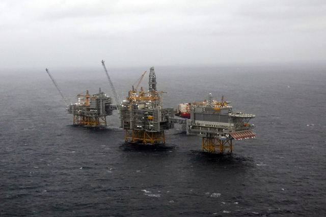 An aerial view taken from an helicopter during a media visit shows five platforms over the Johan Sverdrup oilfield in the North Sea some 140 kilometres west of the town of Stavanger, Norway, on December 3, 2019 (AFP file photo)