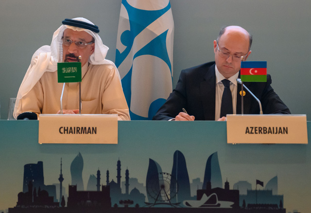 Azerbaijan’s Energy Minister Parviz Shahbazov (right) and Saudi Arabia’s Energy Minister Khalid Al Falih attend a press conference at the end of the 13th meeting of the Joint Ministerial Monitoring Committee of OPEC and non- OPEC countries in Baku on Monday (AFP photo)