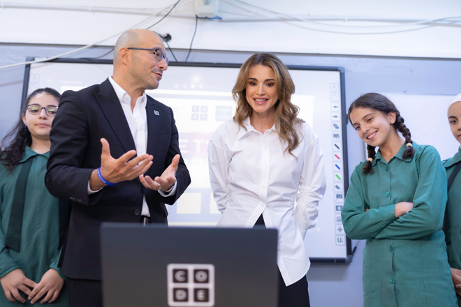 Her Majesty Queen Rania visits Al Jandaweel Secondary School for Girls and learns about digital skills programme Road2Code, on Sunday  (Photo courtesy of Her Majesty’s office)